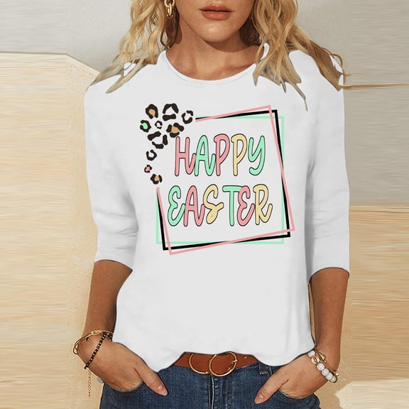 Fartey Women's Happy Easter Shirts Funny Letter Printed T Shirts Slim Fit 3/4 Sleeve Crew Neck Tunic Tops Fashion Graphic Tees Soft Comfy Summer Holiday Blouses White S-5XL