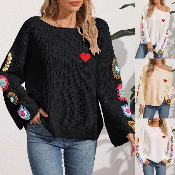 Fartey Women’s Heart Embroidered Sweater Fashion Floral Crochet Long Sleeve Sweaters Loose Fit Crew Neck Drop Shoulder Knitted Pullover Tops Beige M