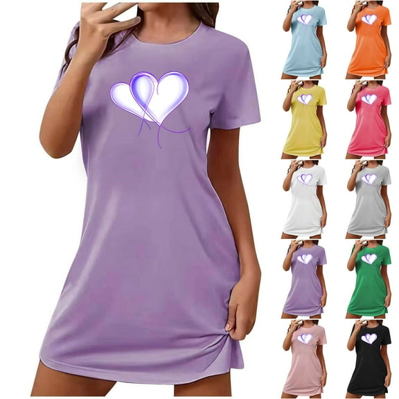 Fartey Women's Heart Graphic Nightgown Cute Short Sleeve Sleepwear Soft Comfy Crew Neck Loungewear Loose Lightweight Short Nightdress Orange M