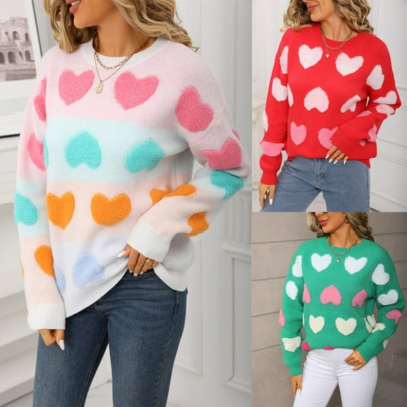 Fartey Women's Heart Pullover Sweaters Long Sleeve Loose Fit Crewneck Knit Pullover Tops Fashion Color Block Sweater Fall Winter Going Out Knitwear Green M