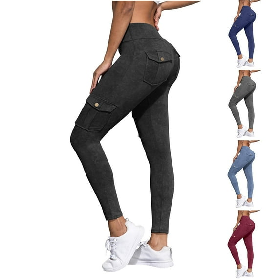 Fartey Women's High Waist Cargo Leggings with Pockets Tummy Control Butt Lifting Yoga Pants Seamless Workout Leggings Solid Color Gym Pants Dark Gray S