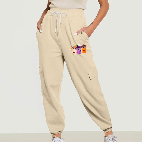 Fartey Women's High Waist Cargo Sweatpants Casual Cinch Bottom Jogger Pants Loose Comfy Drawstring Tapered Sweatpant with Pockets Beige L