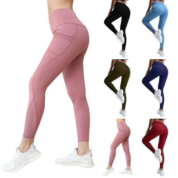 Fartey Women's High Waist Leggings with Pockets Soft Stretch Mesh Yoga Pants Tummy Control Butt Lift Athletic Pants Solid Color Running Gym Tights Black L