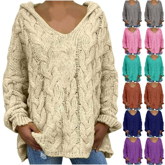 Fartey Women's Hooded Sweater Chunky Cable Knit Sweaters Oversized Long Sleeves V Neck Knitted Sweater Loose Fit Drop Shoulder Pullover Sweaters Sky Blue M