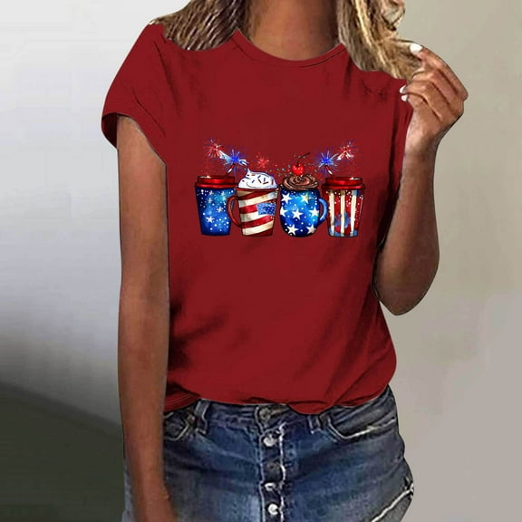 Fartey Women's Independence Day T-Shirts 4th of July Patriotic Shirt American Flag Print Tees Summer Crewneck Short Sleeve Blouses Dressy Casual Memorial Day Tops Red XL