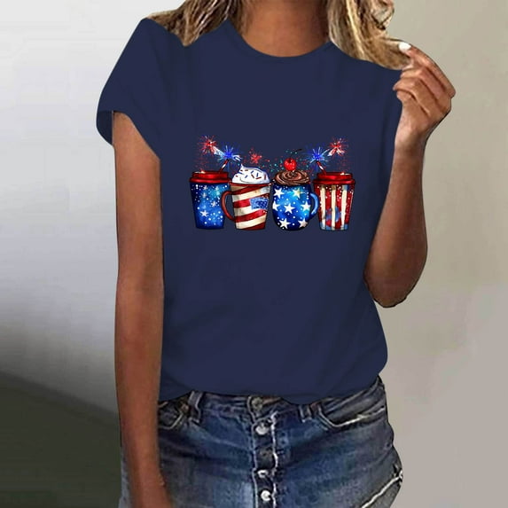 Fartey Women's Independence Day T-Shirts 4th of July Patriotic Shirt American Flag Print Tees Summer Crewneck Short Sleeve Blouses Dressy Casual Memorial Day Tops Navy S