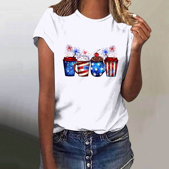Fartey Women's Independence Day T-Shirts 4th of July Patriotic Shirt American Flag Print Tees Summer Crewneck Short Sleeve Blouses Dressy Casual Memorial Day Tops White S