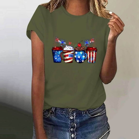 Fartey Women's Independence Day T-Shirts 4th of July Patriotic Shirt American Flag Print Tees Summer Crewneck Short Sleeve Blouses Dressy Casual Memorial Day Tops Army Green XXXL
