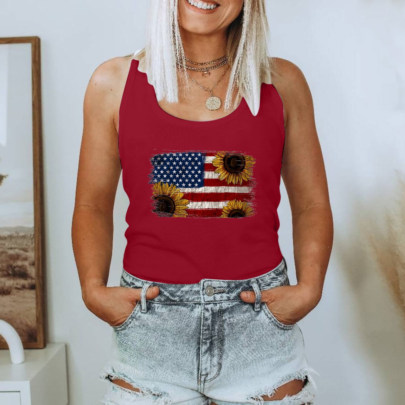Fartey Women's Independence Day Tank Tops Proud Patriotic USA Flag