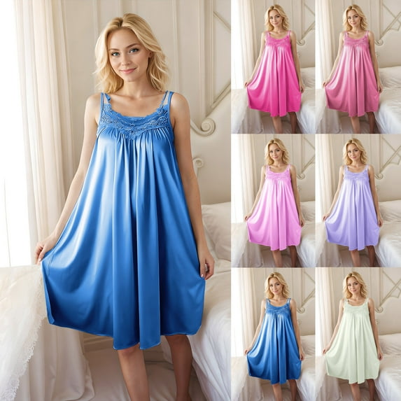 Fartey Women's Lace Camisole Nightgown Sexy Spaghetti Strap V Neck Nightdress Loose Flowy Solid Color Sleep Dresses Soft Sleepwear Loungewear Hot Pink Free Size