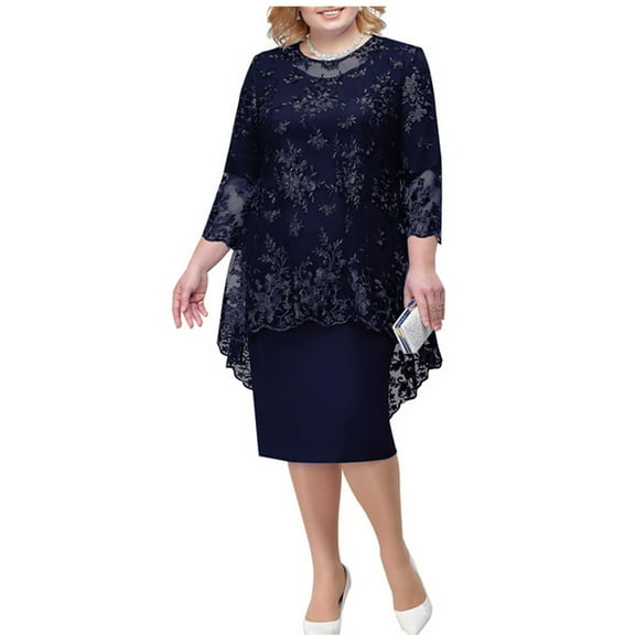 Fartey Women's Lace Embroidery Evening Dresses Elegant Half Sleeve Dress Plus Size Crew Neck Midi Dress Solid Color Wedding Cocktail Party Dress Navy S-5XL