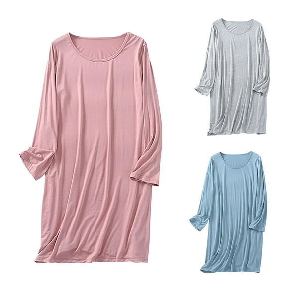 Fartey Women's Long Sleeve Nightgown Plus Size Solid Color Crew Neck Sleepwear Soft Comfy Knee Length Nightdress Loose Casual Daily Loungewear Blue 2XL