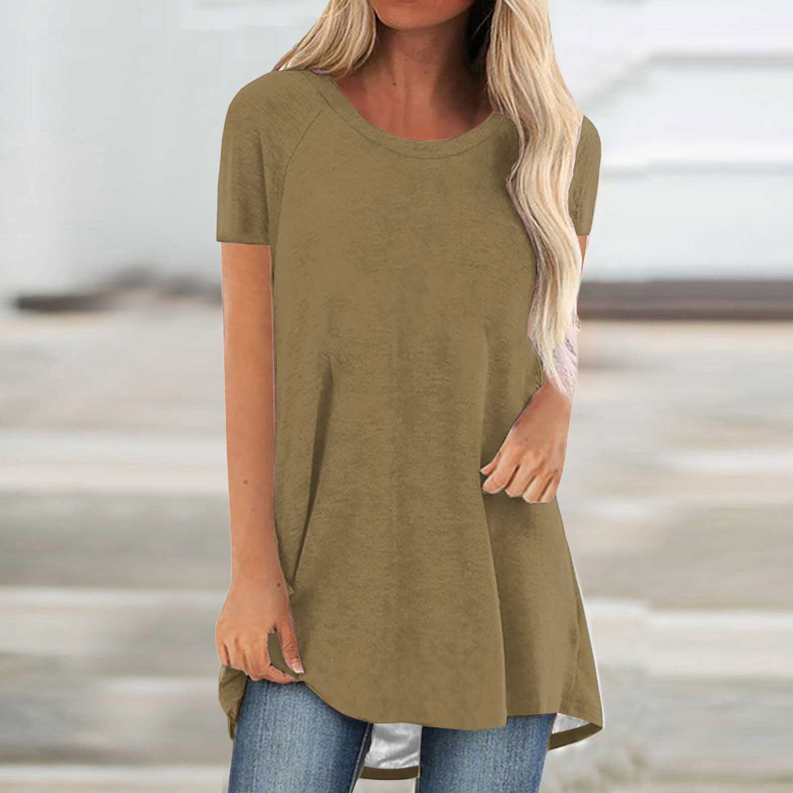 Fartey Women's Long Tunic Tops 2025 Summer Short Sleeve Shirts Loose ...