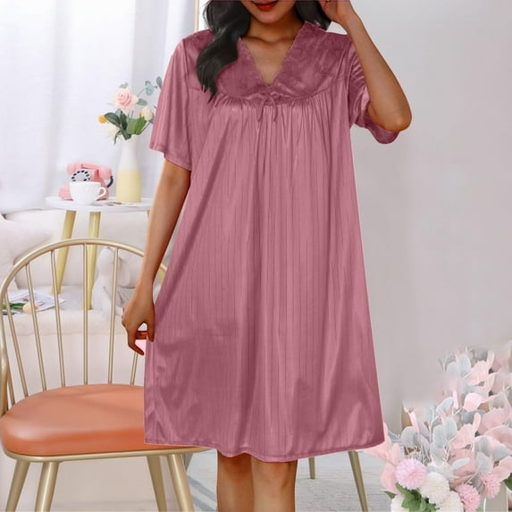 Fartey Women's Nightgown Short Sleeve Sleepwear V Neck Lace Patchwork Tshirts Dress Loose Solid Color Pajamas Comfy Lounge Nightdress White