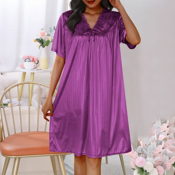 Fartey Women's Nightgown Short Sleeve Sleepwear V Neck Lace Patchwork Tshirts Dress Loose Solid Color Pajamas Comfy Lounge Nightdress Wine