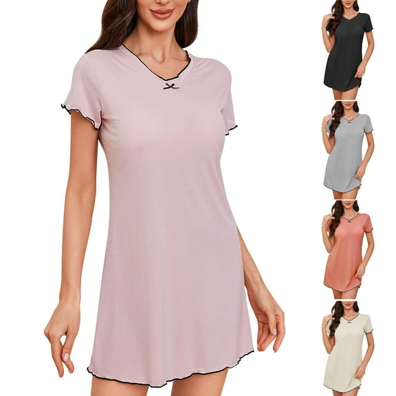 Fartey Women's Nightgowns Loose Casual Short Sleeve Mini Nightdress Soft Comfy Solid Color V Neck Nightshi Lightweight Daily Loungewear Black M
