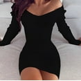 thumbnail image 1 of Fartey Women's Off-Shoulder Bodycon Dress Slim Fit Long Sleeve Ribbed Mini Dresses Soft Comfy Beach Vacation Party Cocktail Dresses Black S-2XL, 1 of 5