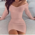 thumbnail image 1 of Fartey Women's Off-Shoulder Bodycon Dress Slim Fit Long Sleeve Ribbed Mini Dresses Soft Comfy Beach Vacation Party Cocktail Dresses Pink S-2XL, 1 of 5