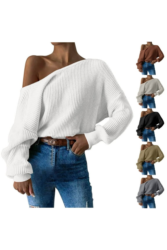 Women's Off Shoulder Sweaters Trendy Twist Open Back Sweater Loose Fit Ribbed Knit Long Sleeve Pullover Sweaters Fashion Y2K Sweaters White S