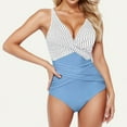 thumbnail image 1 of Fartey Women's One Piece Swimsuits Tummy Control Front Cross Bathing Suits Elegant Slimming V Neck Swimsuit Fashion Color Block Striped Print Swimwear Blue S-2XL, 1 of 3