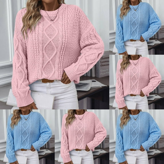 Fartey Women's Oversized Cable Knit Crewneck Sweaters Fall Winter Chunky Pullover Tops Loose Casual Solid Color Long Sleeve Sweater Blue XL