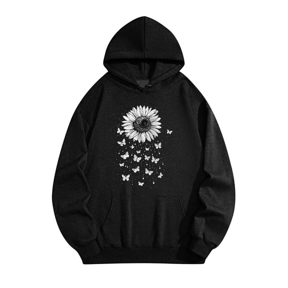 Fartey Women's Oversized Cotton Hoodies Fall Winter Fleece Sweatshirts Fashion Floral Graphic Hoodie Loose Casual Long Sleeve Hooded Sweatshirts with Pockets Black 2XL