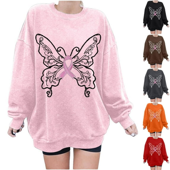 Fartey Women's Oversized Crewneck Sweatshirt Cute Pink Ribbon Print Pullover Breast Cancer Awareness Long Sleeve Sweatshirt Cancer Survivor Gift Tops Pink M