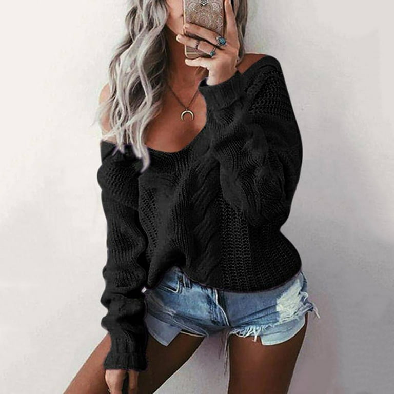Fartey Women s Oversized Sweater Off Shoulder Pullover Sweaters Long Sleeve Cable Knit Slouchy Tops Fashion Fall Solid Color Jumper Tops Walmart