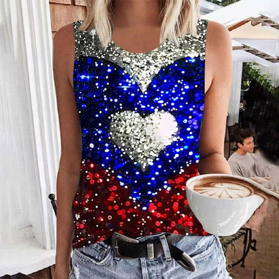 Fartey Women's Plus Size 4th of July Tank Tops Cute Independence Day Print Tees Casual Summer Crew Neck Sleeveless Shirt Loose Casual Patriotic Tunic Tanks Blue L