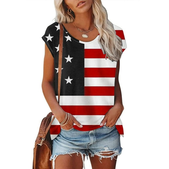 Fartey Women's Plus Size American Flag Shirt Stars Stripe Print Short Sleeve Tops Independence Day Crew Neck T Shirts USA Flag Patriotic Tees Black M