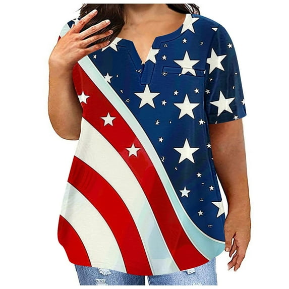 Fartey Women's Plus Size American Flag Shirts Fashion Stars Stripe Graphic Tees 4th of July Patriotic Tshirts Summer Short Sleeve V Neck Holiday T Shirts Blue XXL
