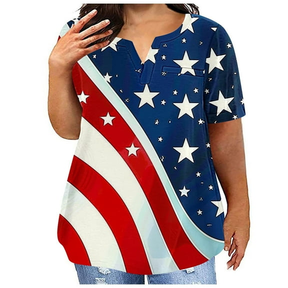 Fartey Women's Plus Size American Flag Shirts Fashion Stars Stripe Graphic Tees 4th of July Patriotic Tshirts Summer Short Sleeve V Neck Holiday T Shirts Blue L
