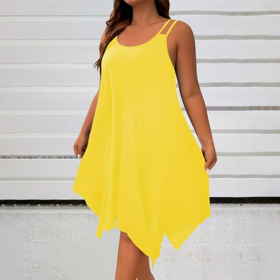 Fartey Women's Plus Size Boho Sundress Spaghetti Strap Hawaiian Beach Dresses Casual Swing Tank Dress Loose Flowy Irregular Hem Vacation Sun Dresses Yellow XL-5XL
