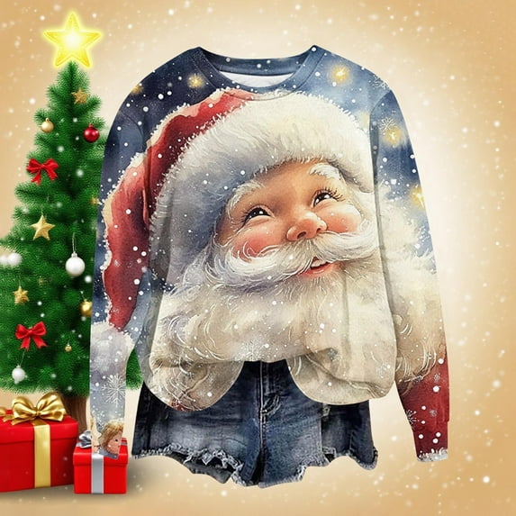 Fartey Women's Plus Size Crewneck Sweatshirt Fall Winter Long Sleeve Pullover Tops Fashion Christmas Santa Graphic Sweatshirts Holiday Outfits Light Blue XL