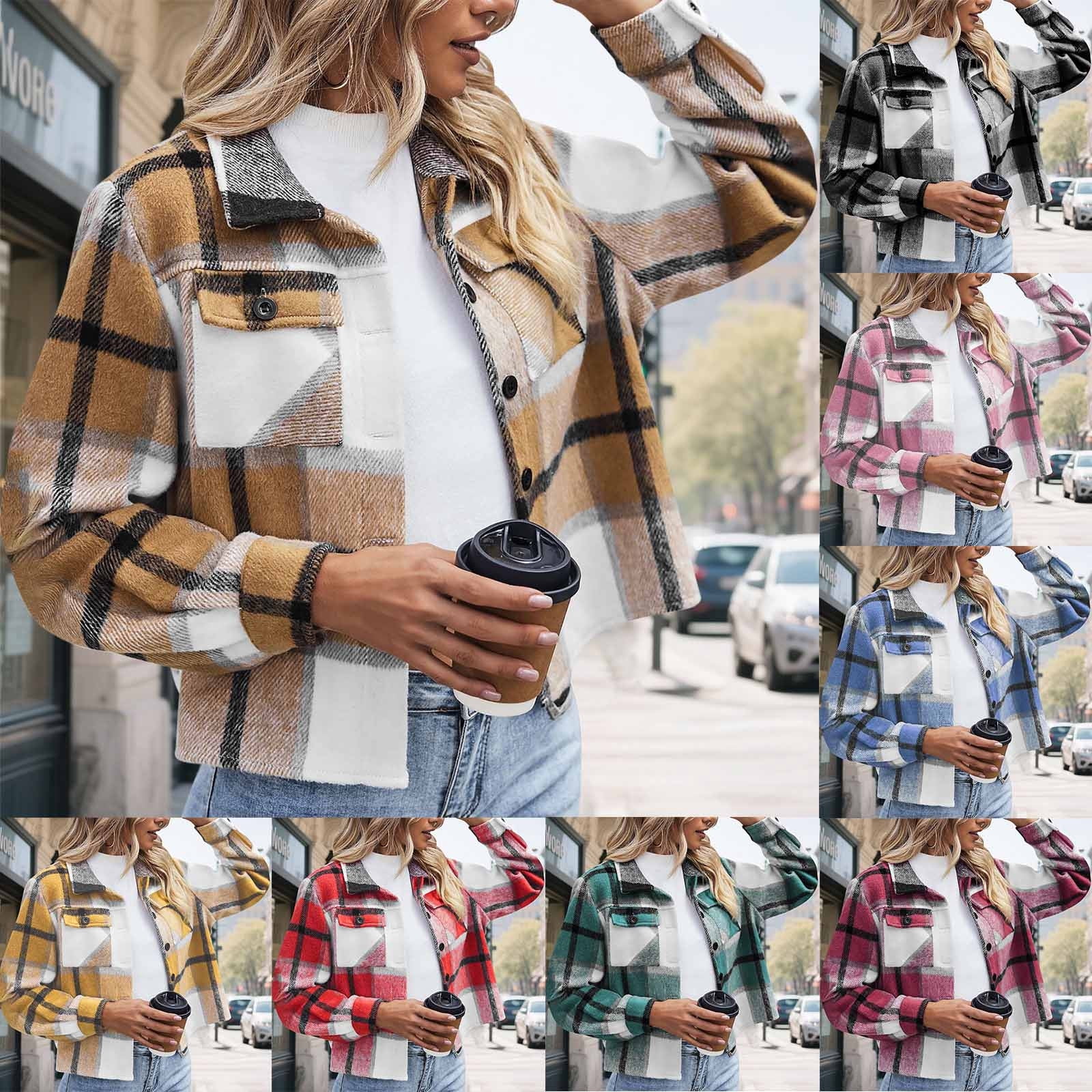 Fartey Women's Plus Size Flannels Fall Cropped Shacket Fashion Plaid ...