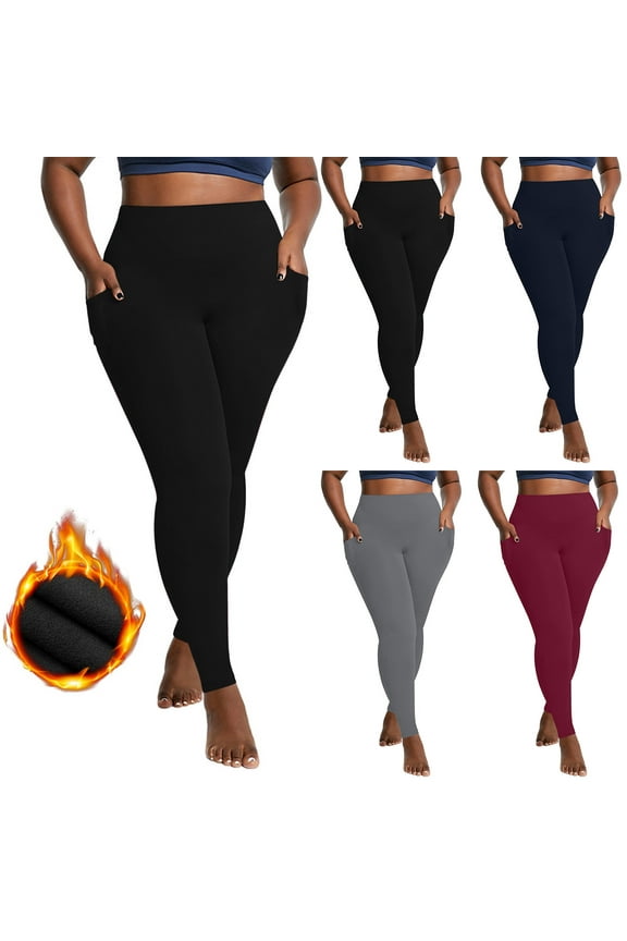 Women's Plus Size Fleece Lined Leggings with Pockets Tummy Control High Waisted Yoga Pants Thermal Winter Warm Tights Stretch Running Gym Pants Navy 5XL
