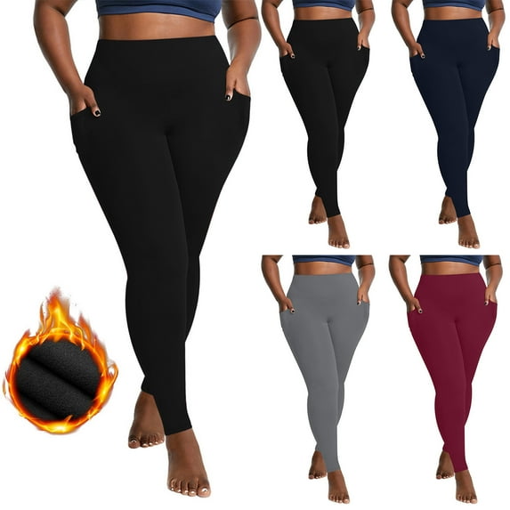 Fartey Women's Plus Size Fleece Lined Leggings with Pockets Tummy Control High Waisted Yoga Pants Thermal Winter Warm Tights Stretch Running Gym Pants Wine 2XL