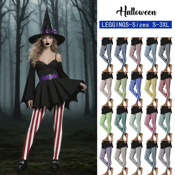 Fartey Women's Plus Size Halloween Leggings Funny Striped Print High Waisted Yoga Pants Soft Stretchy Gym Athletic Running Pant Army Green 2XL