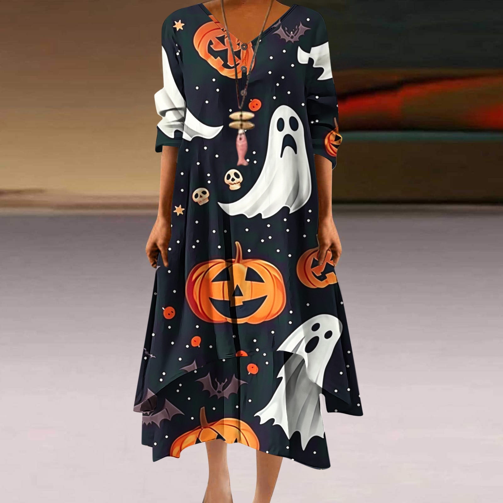 Women's Halloween Art Fashion Print Long Sleeve V-Neck Lace-Up Midi Dress main image 1