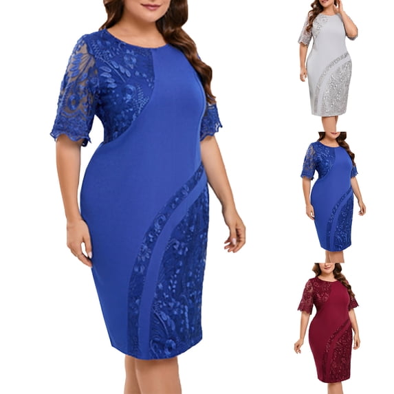 Fartey Women's Plus Size Lace Dress Elbow Sleeve Round Neck Cocktail Dresses Elegant Evening Gowns Formal Wedding Guest Dress Blue XL