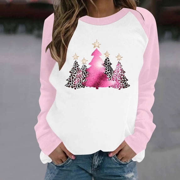 Fartey Women's Plus Size Long Sleeve Sweatshirt Soft Raglan Sweatshirts Loose Casual Crewneck Sweatshirt Fashion Christmas Holiday Party Pullover Tops Pink M