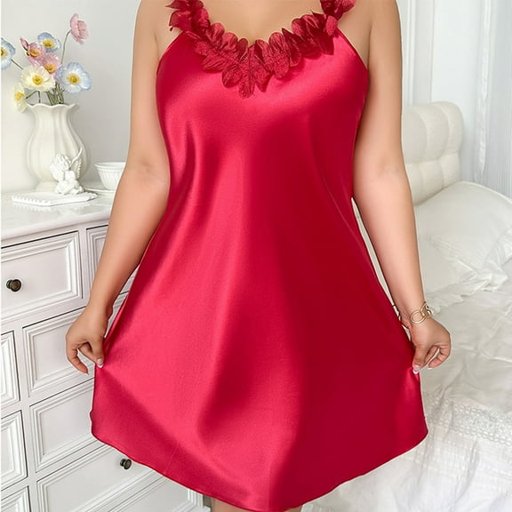 Fartey Women's Plus Size Satin Nightgown Fashion Ruffled Strap V Neck Nightwear Lightweight Casual House Cami Mini Nightdress Red 5XL
