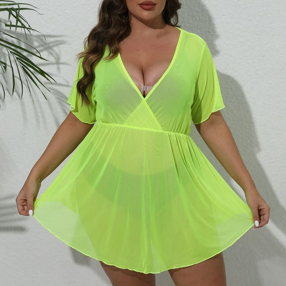 Fartey Women's Plus Size Sheer Mesh Beach Cover Up Dress Loose Flowy Short Sleeve V Neck Dresses Lightweight Breathable Casual Clothes Green L
