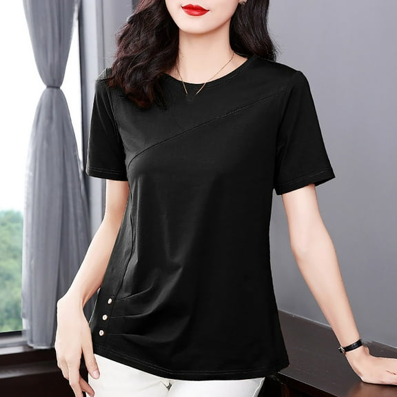 Fartey Women's Plus Size Summer Short Sleeve Tops Vintage Solid Color Crew Neck T Shirts Slim Fit Tunic Shirt Business Casual Work Blouses Black M