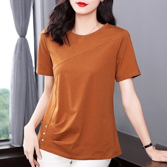 Fartey Women's Plus Size Summer Short Sleeve Tops Vintage Solid Color Crew Neck T Shirts Slim Fit Tunic Shirt Business Casual Work Blouses Brown L