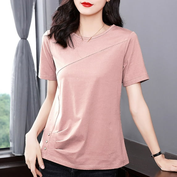 Fartey Women's Plus Size Summer Short Sleeve Tops Vintage Solid Color Crew Neck T Shirts Slim Fit Tunic Shirt Business Casual Work Blouses Pink L