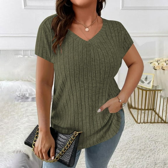 Fartey Women's Plus Size Summer Tops = Ribbed Knit Short Sleeve Shirts Dressy Casual V Neck Tunic Tops Slim Fit Going Out Blouses Army Green XXXXXL