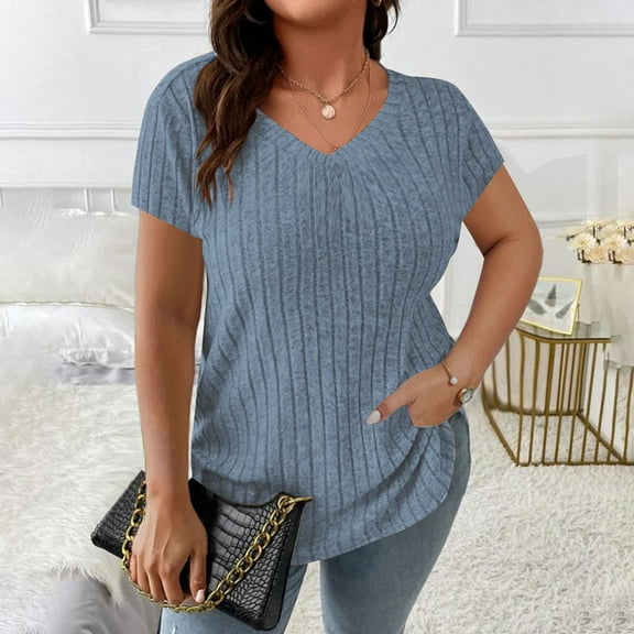 Fartey Women's Plus Size Summer Tops = Ribbed Knit Short Sleeve Shirts Dressy Casual V Neck Tunic Tops Slim Fit Going Out Blouses Light Blue XL