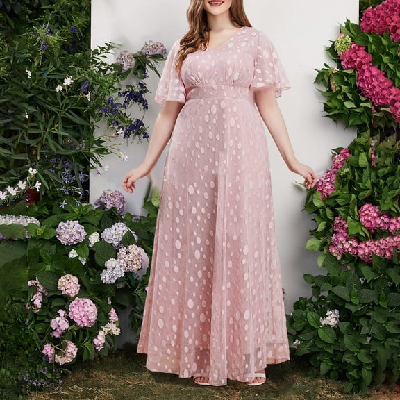 Fartey Women's Plus Size Wedding Guest Dress Formal Ruffle Ruffle Lace Short Sleeve V Neck Cocktail Maxi Dresses Flowy Waist A Line Dress Pink XL