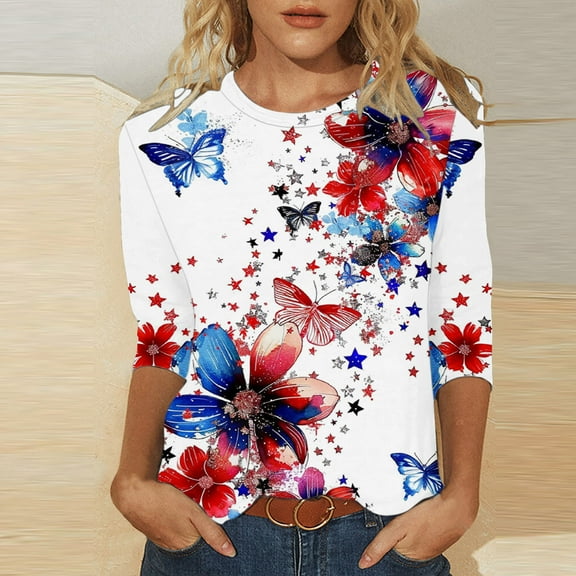 Fartey Women's Red White Blue Shirts 4th of July 3/4 Sleeve Tunic Tops Dressy Casual Crew Neck Festival T Shirts Fashion Independence Day Graphic Tees Gifts Clothes White XXL